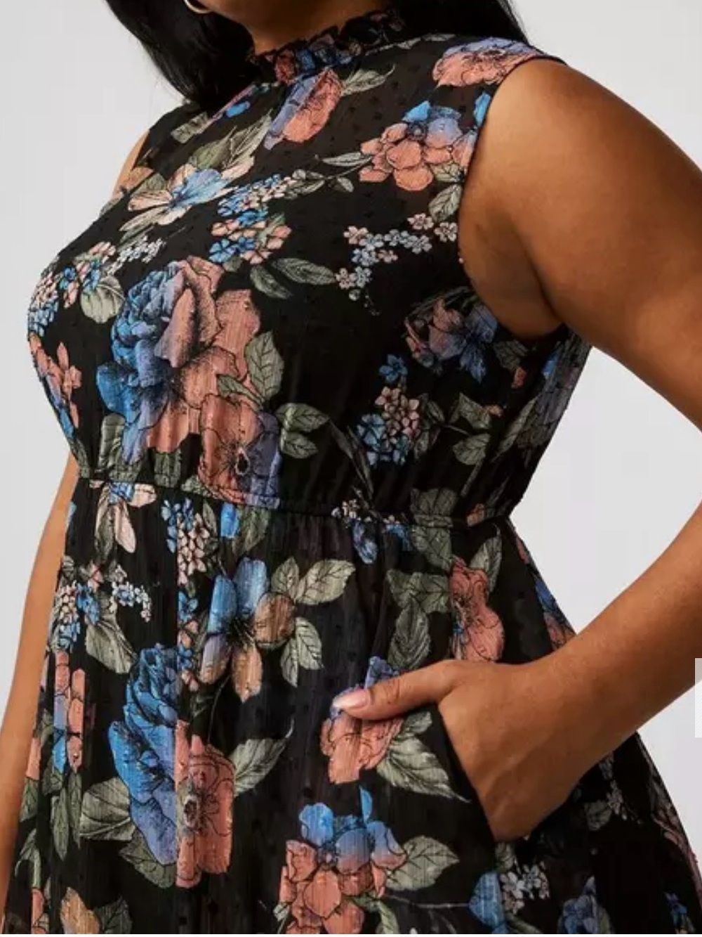 Black Floral Midi Dress with Blue and Peach Flowers - Picture 4 of 7